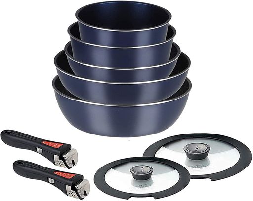 パール金属 フライパン 鍋 9点 セット ガス火専用 ダークブルー ダイヤモンドコート 取っ手の取れる セット9 AZ-5559両面焼きフライパン