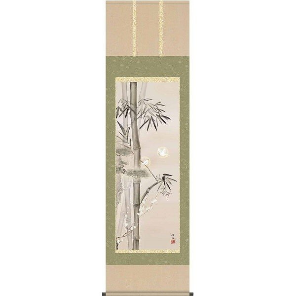 掛軸/開運画/開運花鳥/三友白雀図/浮田秋水/草夕会/洛彩緞子本表装/尺五サイズ幅54.5cm/桐箱畳紙収納/表装品質十年保証