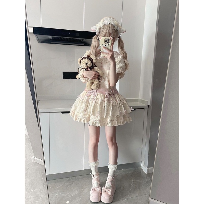 ロリータショートopソフトガールローウエストコットンガールドレス春夏ロリータフルセット