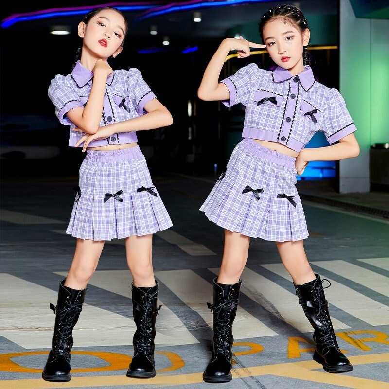 キッズダンス衣装 韓国 ガールズ チアダンス衣装 ス スカート セットアップ パープル へそ出し 練習着 発表会 おしゃれ
