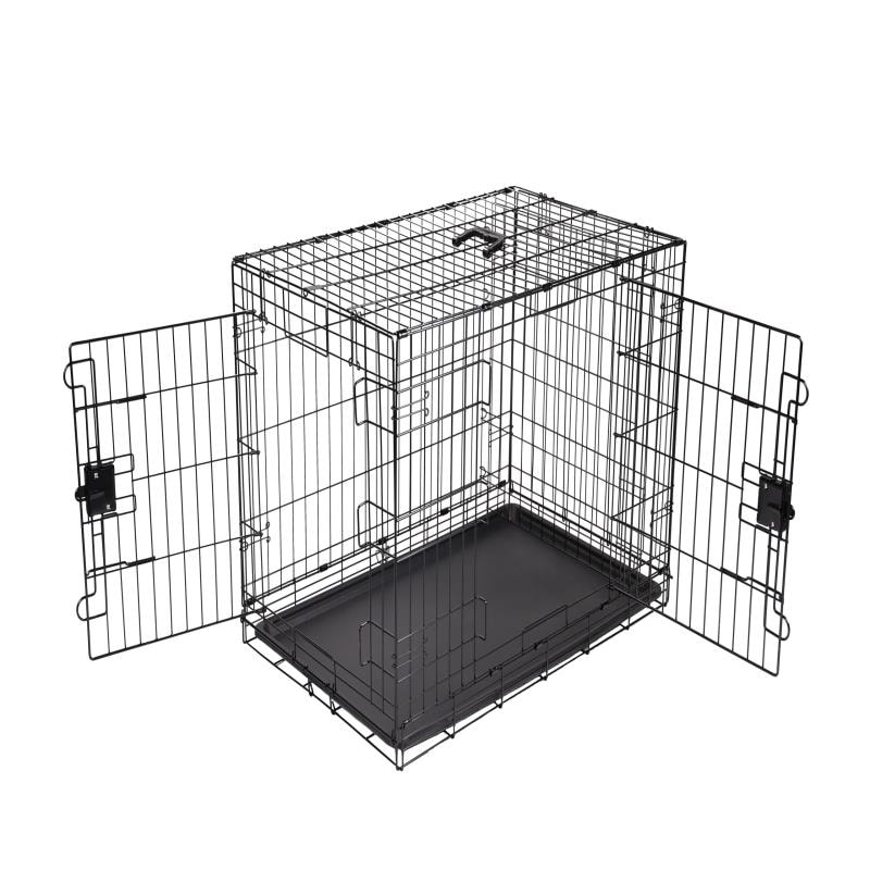 ベーシック 犬 ペットケージ 中型犬 折り畳み式 トレー付きダブルドア 91 cm x 58 cm x 64 cm ブラック