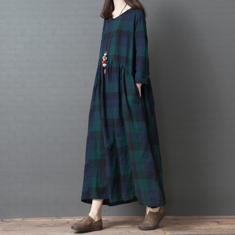 韓国版のゆったりとしたサイズの婦人服ファッション綿の格子のワンピースJGX