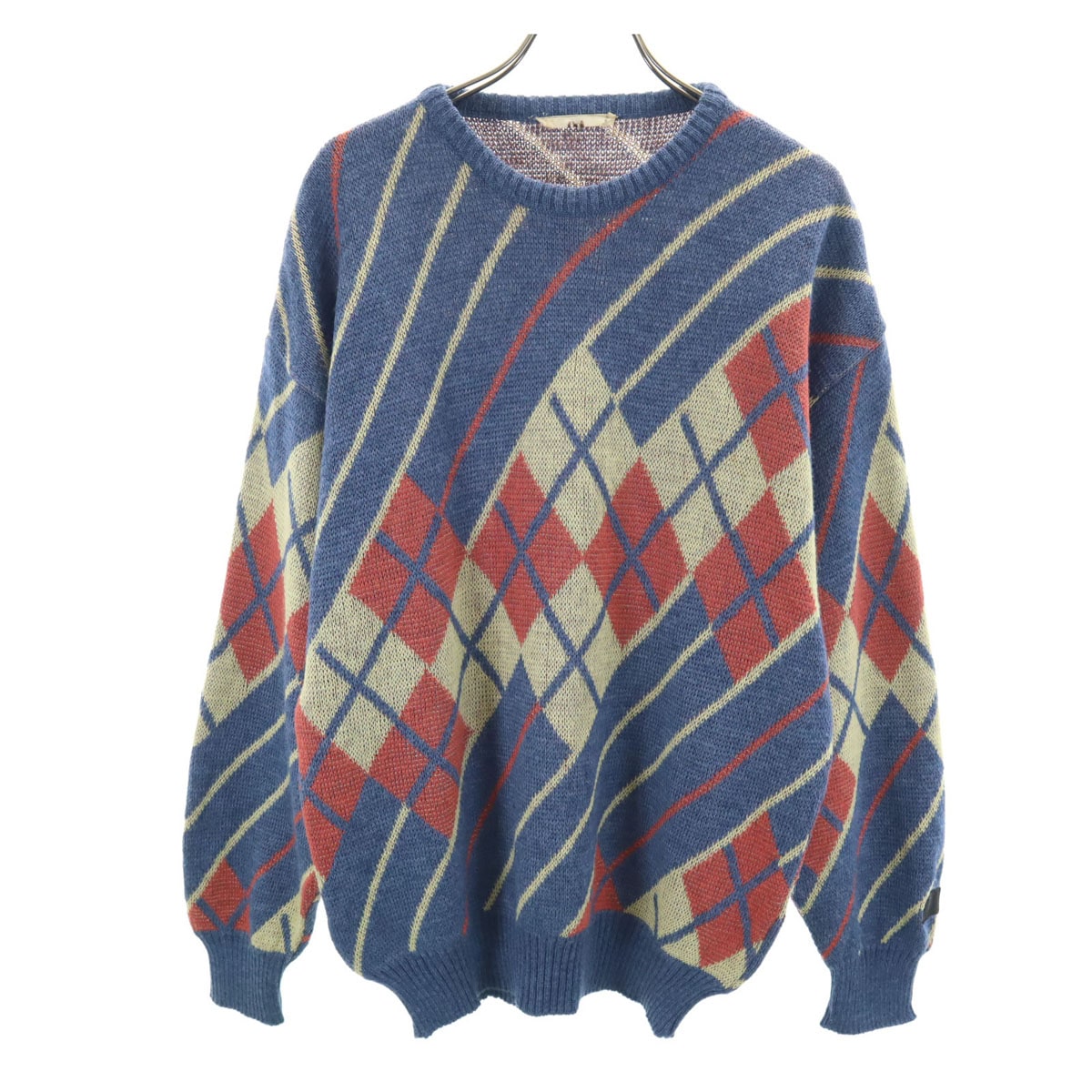 80s ウールブレンド イタリア製 オールド 総柄 長袖 セーター M ブルー系 ニット メンズ 古着