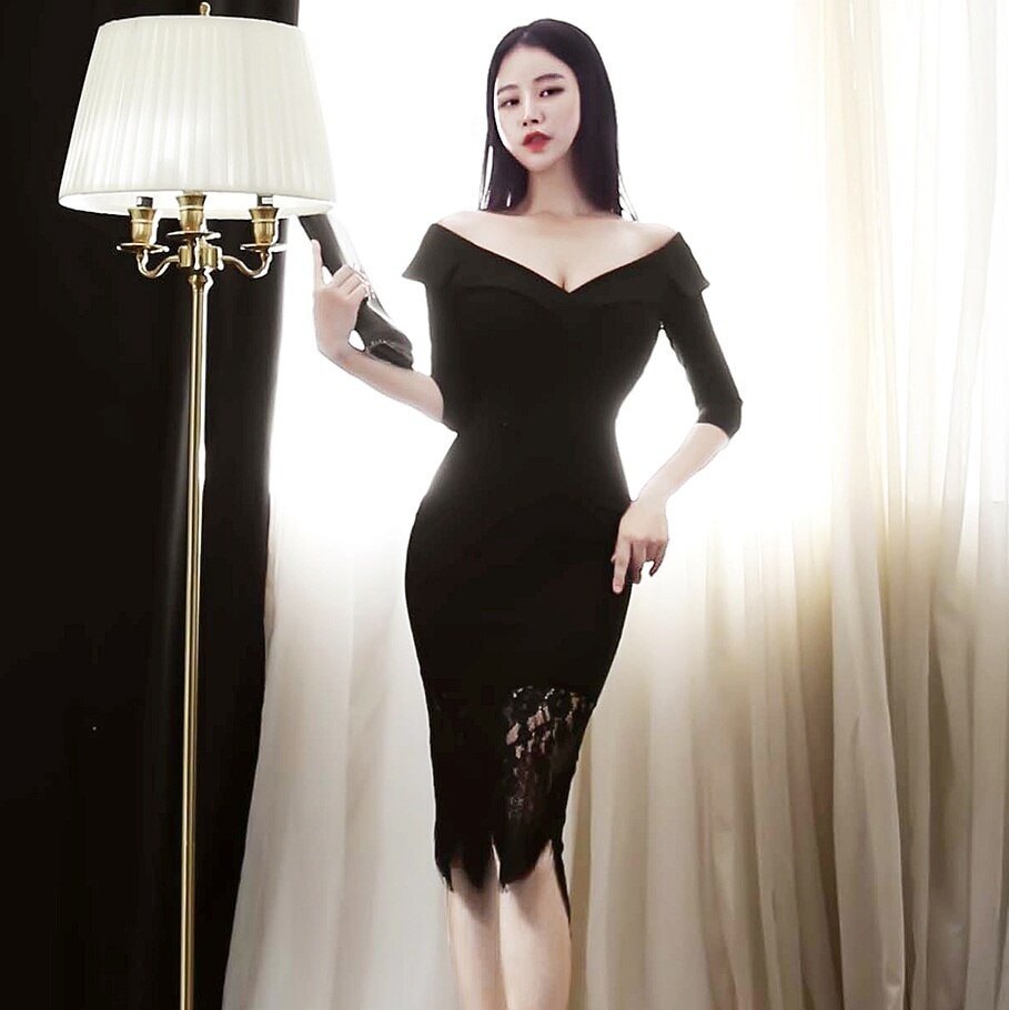 ワンピース 長袖 春 秋 冬 きれいめ ペンシルスカート タイトスカート ひざ丈 ミモレ丈 七分袖 Vネック 襟付き スリム タイト 細身 ストレート スマート レース 透け感 黒 ブラック S M 5,793円