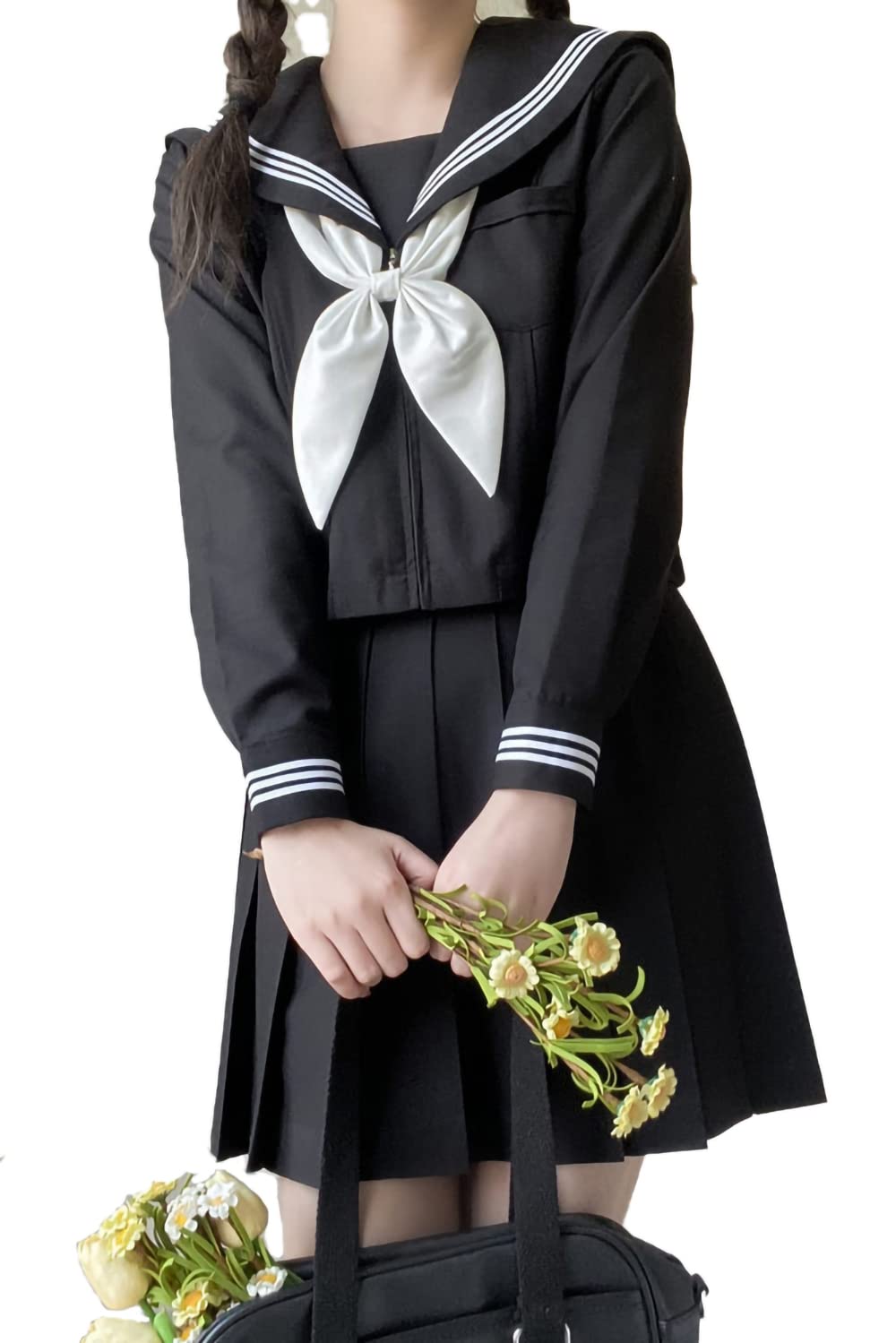 [カウィー・レクスハ] まるこの猫柳 セーラー服 長袖 半袖 白い 紺 ロングスカート コスプレ 学園祭 文化祭 仮装 本格制服 5点セット 靴下付き (黒長袖セット, XL) 43101