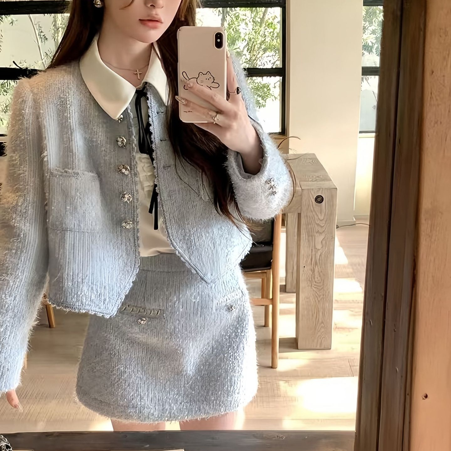 高級なリッチガールブルーシャネル風気質春秋ジャケットスカートファッションスーツ女性用