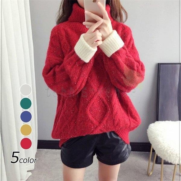 ニットセーター レディース 40代 トップス長袖 厚手配色ハイネック ニットソー ふわもこ ニッ