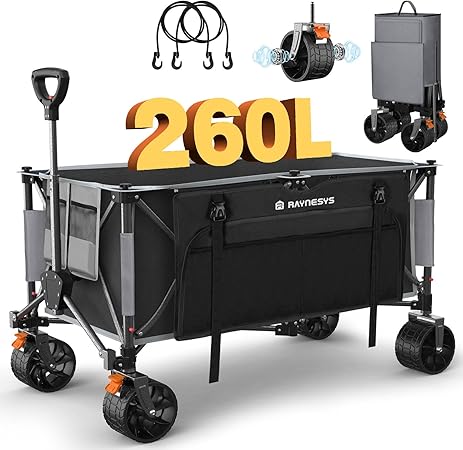 キャリーワゴン 大容量260L 耐荷重200kg アウトドアワゴン 折り畳み式キャンプカート ワンタッチ収束式 自立収納 静音 ブレーキ付き 収納カバー付き キャンプ/砂浜/釣り/引越し/買い物/ゴミ 8,800円