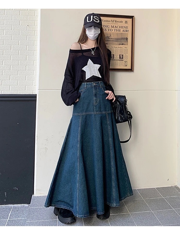 ロングスカート デニムスカート 台形 超ロング Aライン フレア ロング丈 マキシ マキシ丈 ボトムス 韓国ファッション台形 超ロング Aライン フレア ロング丈 マキシ マキ