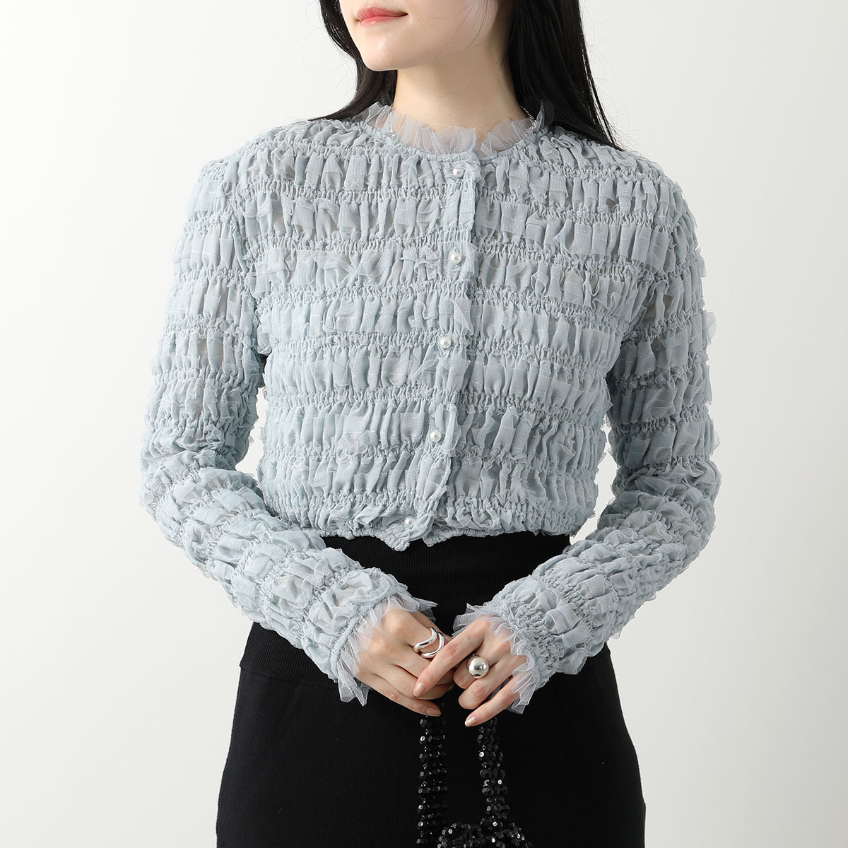 Sister Jane シスタージェーン カーディガン Lilith Shirring Top CG034 レディース 長袖 トップス シャーリング チュール フリル クロップド丈 Baby-Blue