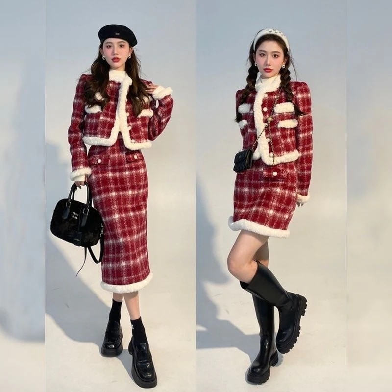 涼しく楽ちんセットアップセットアップ秋ジャケット二点セットセット2024韓国のおしゃれな秋冬祭りの雰囲気チェックコートハーフスカートの毛並みスーツ