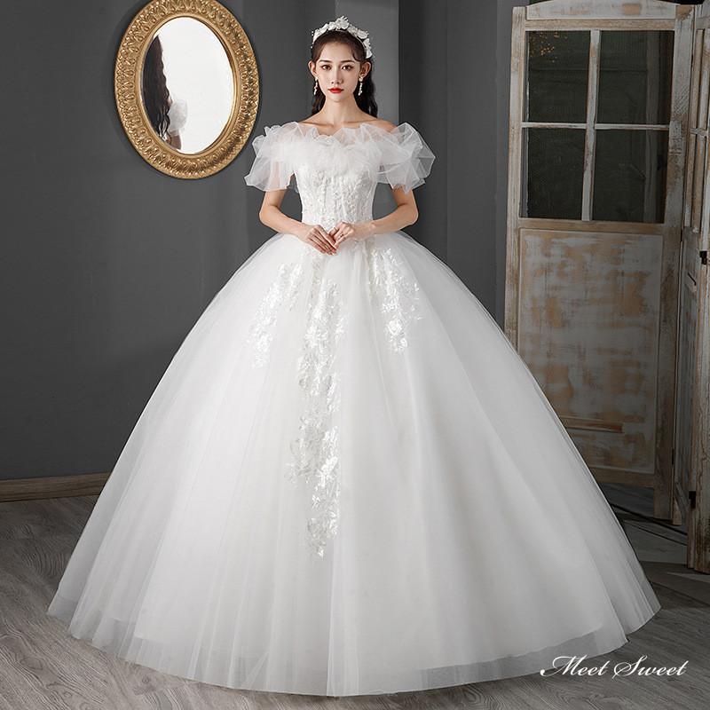 ウェディングドレス ロングドレス プリンセスラインドレス プリンセスドレス オフショルダー 半袖 二次会 結婚式 前撮り 花嫁 ウエディングドレス チュール