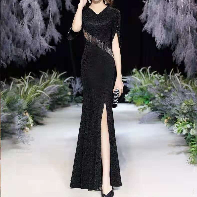 ドレス 衣装 イブニングドレス ロングドレス 5分袖 フリンジ スリット フィッシュテール タイト バックシャン ウエストマーク ロング丈 ステージドレス 発表会 かわいい 大人可愛い きれいめ