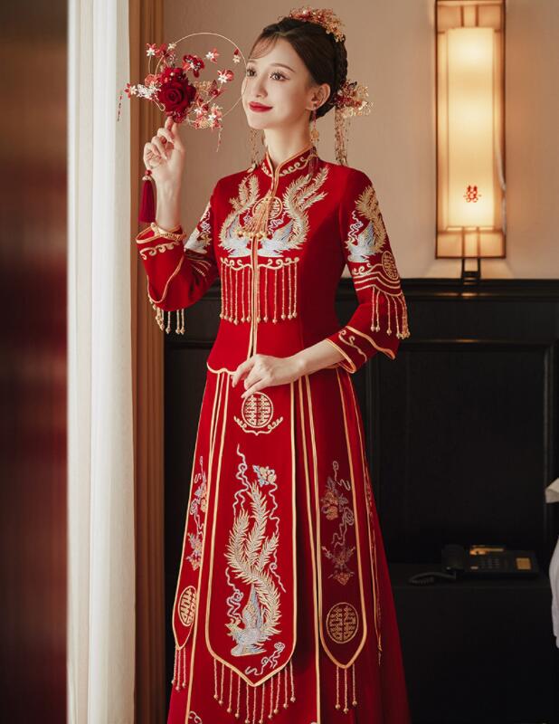 中華服 花嫁 中華衣裳 上下2点セット 七分袖 チャイナ服トップス ロング丈スカート 鳳凰 刺しゅう きらきら ストラップ チェーン付き 華やか 中華ドレス レディース 中国古代古典結婚式 花嫁衣裳