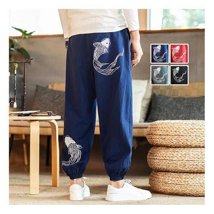 メンズ 大きいサイズ メンズズボン 綿麻 麻 綿 鯉柄 パンツ サルエルパンツ ナチュラル カジュアル リラックス ファッション 無地 涼しい オシャレ ボトムス カジュアルパンツ 男 春秋 夏 ガウ