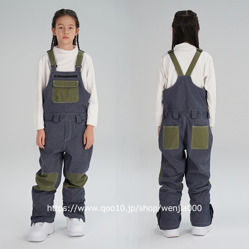（1～3日で出荷）スノーボード ウェア キッズ つなぎ デニムブルー ビブパンツ オールインワン ワンピース スキーウェア スノボウェア ロングパンツ 女の子 男の子 子供 2023 耐水度10000
