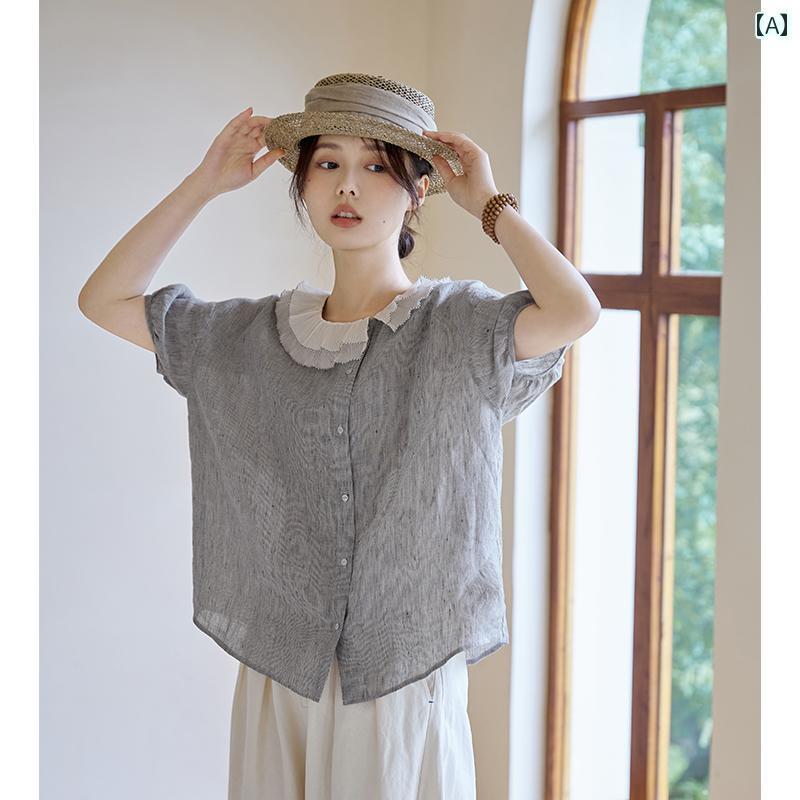 レディース　　シャツ　トップス ケ ラン ウェン シー 100 リネン レイン デュー 細 番手 先 染め ストライプ 生地 夏 プリーツ ドール カラー シャツ