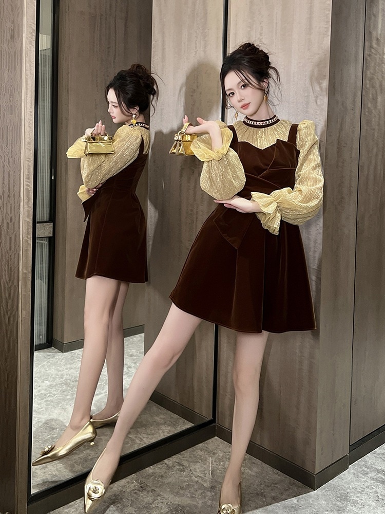 【JY.上品】 秋 フリル ワンピース ニセ2セット 長袖 ドレス パーティー キャバ 大人 同窓会 披露宴 卒業式 結婚式 演奏会 ウェディング 二次会 メガ割