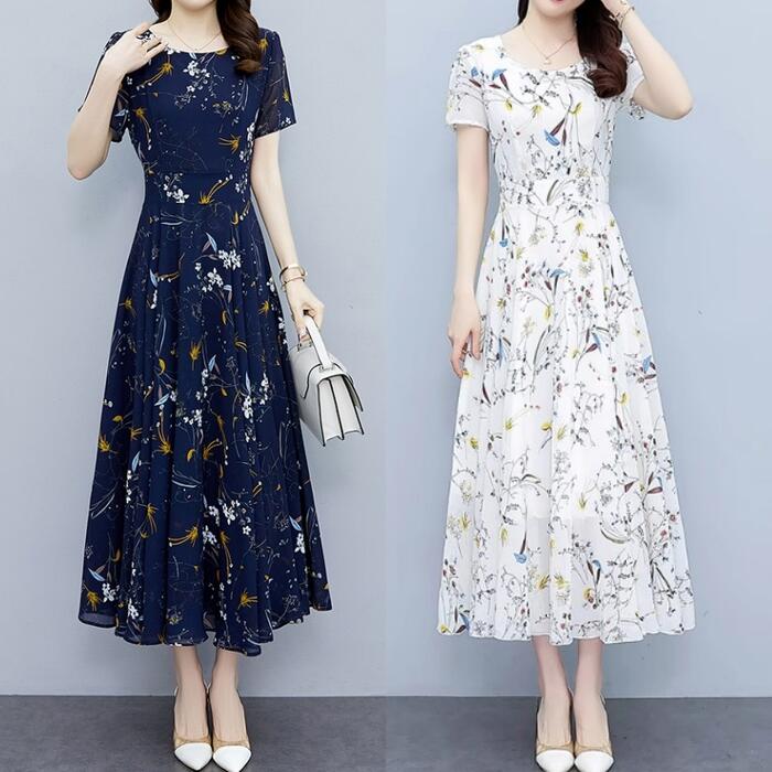 ワンピース ワンピ ドレス 袖あり ボタニカル 花柄 フラワー シフォン レディース エレガント きれいめ カジュアル 大人 可愛い フェミニン ミモレ丈 半袖 Aライン ハイウエスト ナチュラル リ
