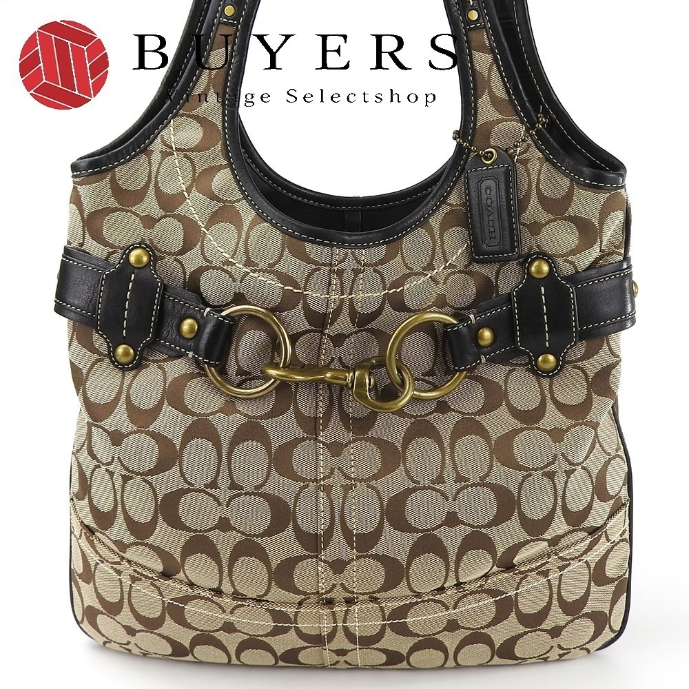 中古 トートバッグ 11280 シグネチャー レザー キャンバス ブラック ベージュ ゴールド金具 トート 肩掛け レディース 女性 9,995円