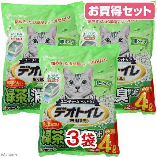 デオトイレ 飛び散らない緑茶・消臭サンド 4L 3袋入り 猫砂 紙 燃やせる