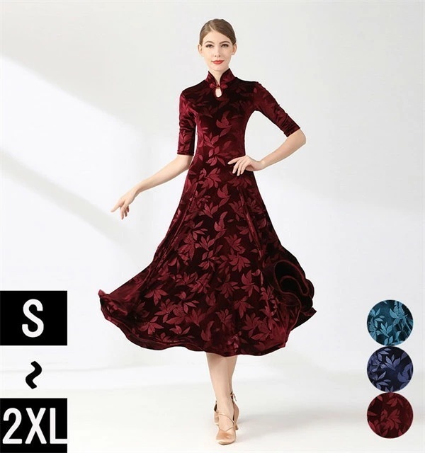 【激安開催】社交ダンス モダンドレス ワンピース 紺 大きいサイズ 中袖 社交ダンスドレス 社交ダンス衣装 赤 大きい裾 スタンダードドレス 競技着 練習着 演出用 ワルツダンス ダンス衣装 パーティ