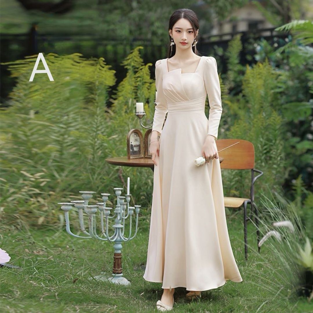 【1つ買うと10つ無料】シャンパンカラーブライドメイドスーツ2025姉妹グループ妖精スタイルのサテンのブライドメイドレス冬のドレス