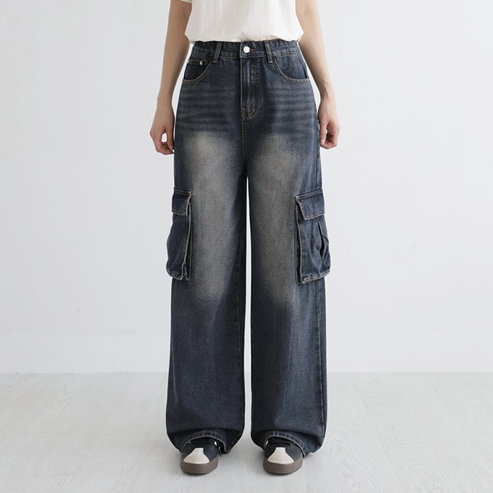 [韓国ファッション] ルーズフィット ウォッシング ワイド ビッグポケット カーゴ デニム パンツ
