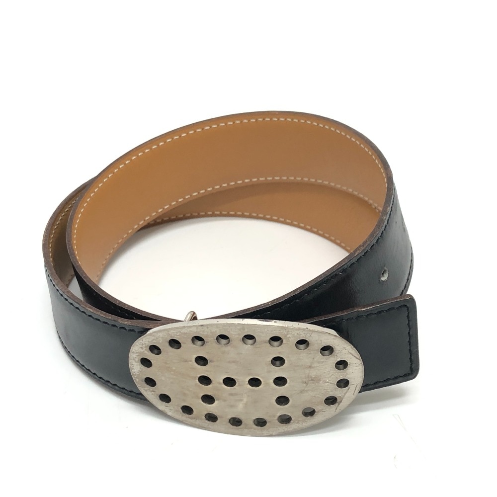 ベルト パンチング H ロゴ バックル ベルト ファッション小物 ボックスカーフ ブラック