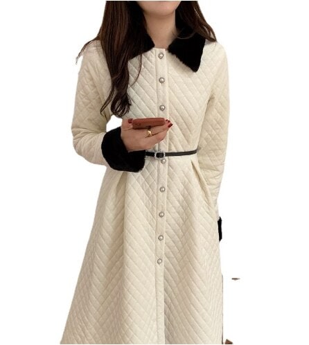 韓国のシックな冬フランスの気質パールボタンウエストロングファーカラーダイヤモンドコットンジャケットド