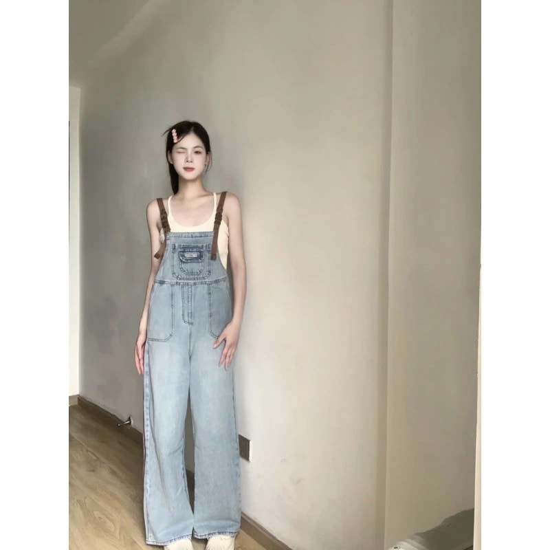 ヴィンテージウォッシュ加工万能デニムバックパンツ女性夏新作小さめかわいいゆったり細めワイドストレートパンツ コーデ完成！サロペット