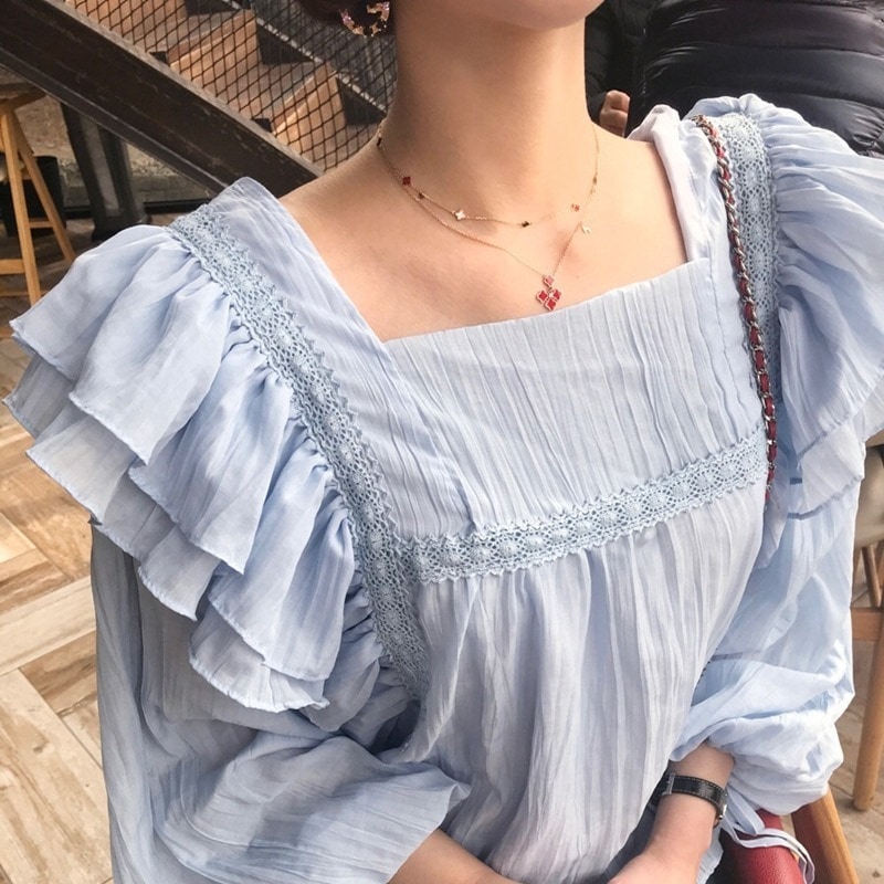 ブラウス カットソー レース フリル 長袖 着回し 韓国 レディース オルチャン トップス シャツ 青 ブルー 袖あり 襟なし かわいい 水色 スクエアネック 大人可愛い きれいめ