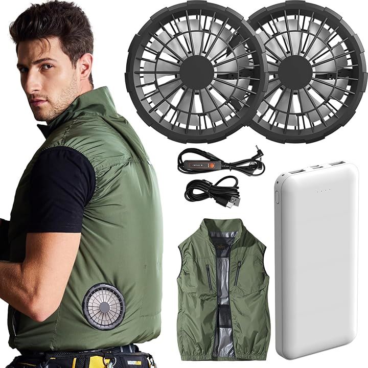 ファン付きベスト ファンバッテリーセット USB給電 扇風機付きベスト 涼しい作業服 大風量 3段階調節 薄型ファン 超軽量 熱中症予防 猛暑対策(グリーン, 3XL)