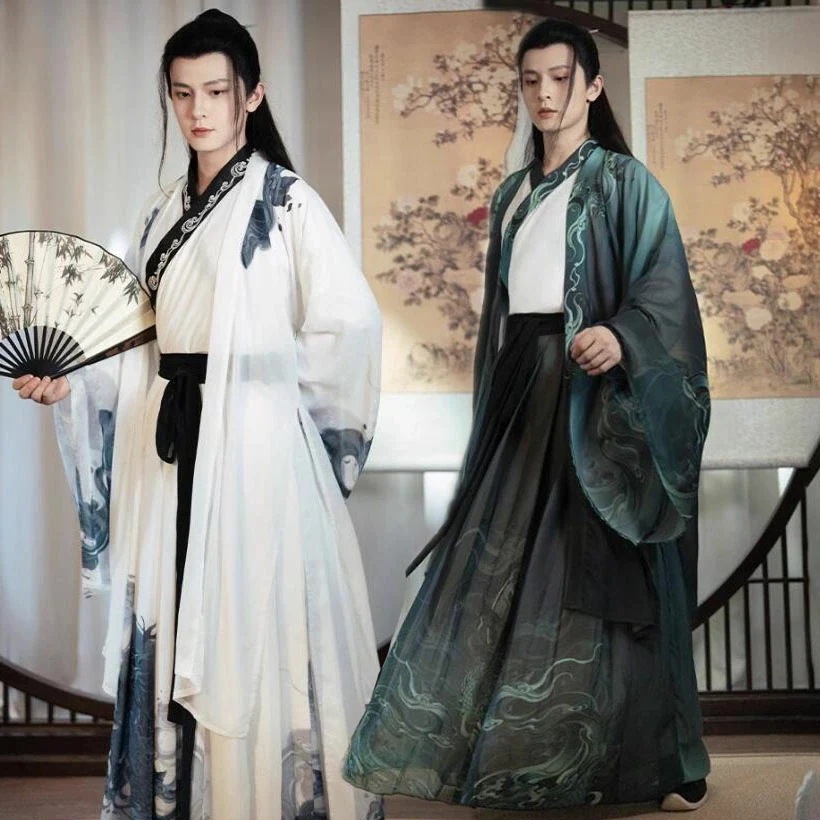 メンズ中華古風コスプレ衣装 コスプレ漢服 水墨プリント 振袖羽織付き３点セット チャイナ服 舞台ステージ服 ハロウィン クリスマス仮装変装イベント学園祭 華流 交差襟 古典 舞台チャイナ服衣装 撮影衣