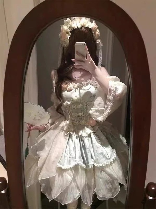 新しいのレトログリーン竹の葉の葉のバレエスタイルエレガントな妖精ロリータスカートロリータスカートプリンセススカートワンピースドレスドレス