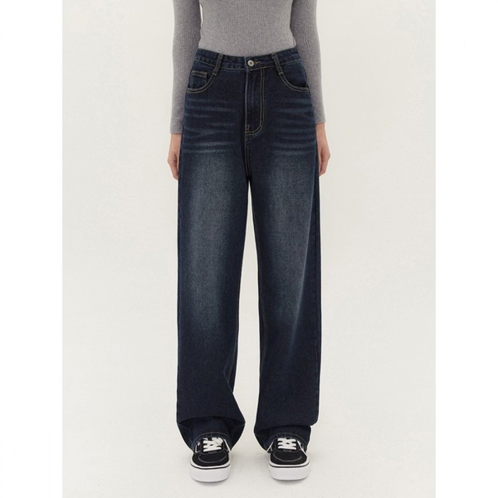 [JINMANIA] レディースウォッシングロングワイドダークブルーデニムレディースパンツ