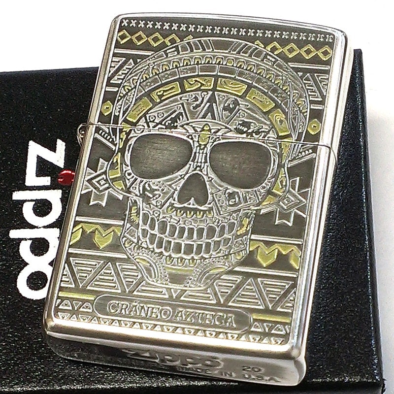 ZIPPO アステカンスカル フェイス ジッポ ライター 骸骨 かっこいい 彫刻 クロス シルバーイブシ ドクロ 両面加工 ギフト プレゼント メンズ
