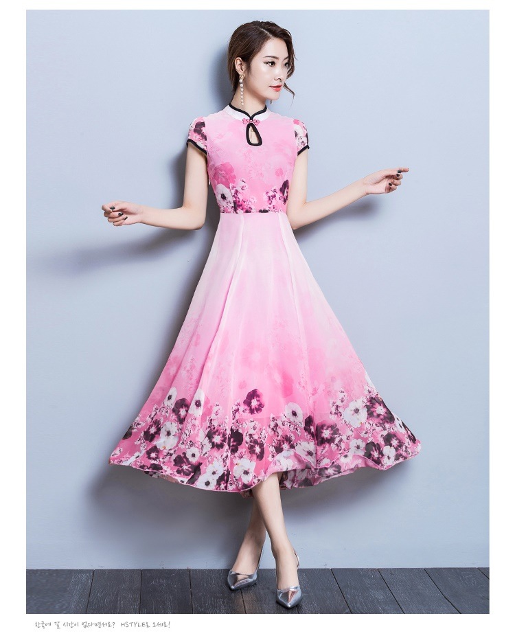 1944.チャイナドレス風花柄ロングドレス（ピンク）2019 春夏 sale 春夏 sale ワンピース フレア シースルー 半袖 エレガント お呼ばれ パーティー 結婚式 披露宴 女子会 レストラン