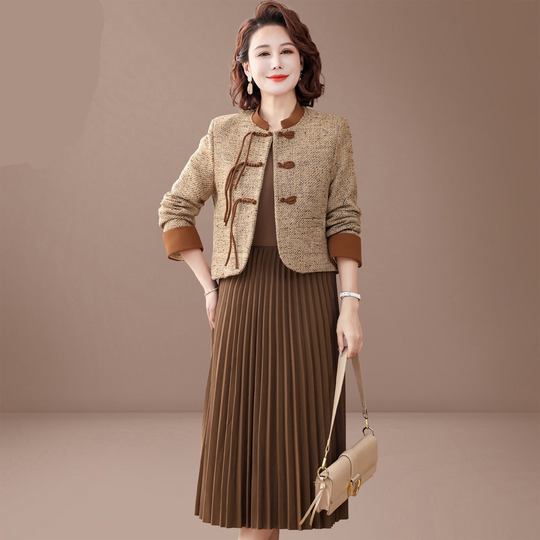 2025年春夏新作 中国風の母の日ドレスツーピースセット 中高年女性向け 秋春中国風スカートセット