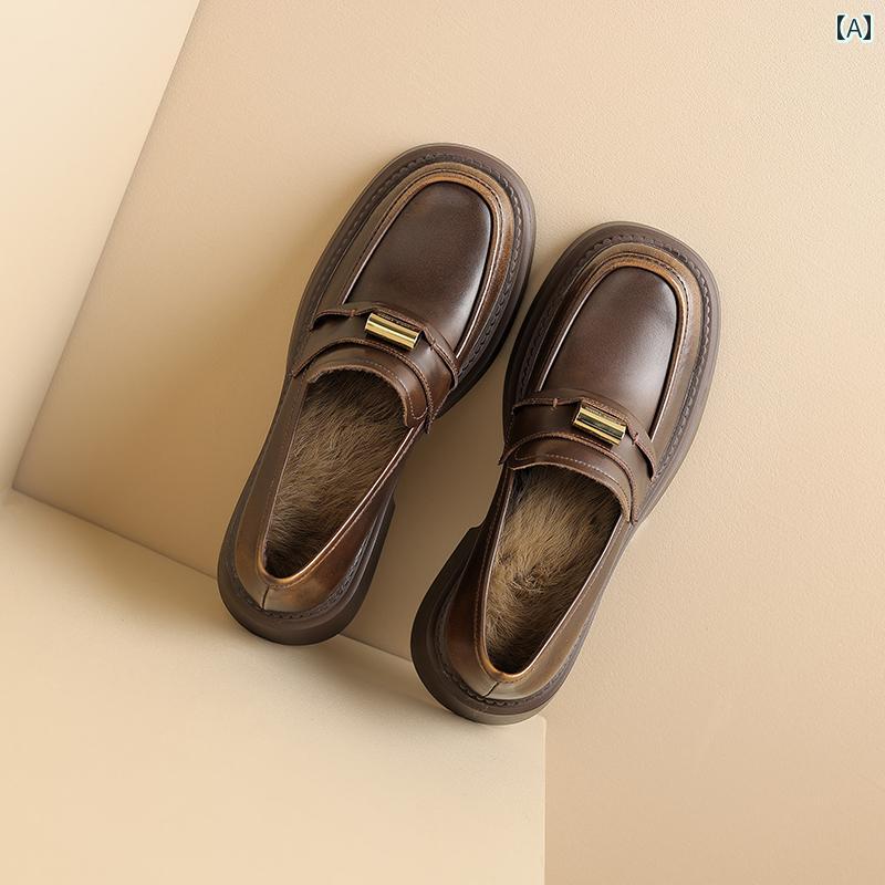 ローファー レディース 学生 カレッジ 通学 通勤 秋冬 色 ポリッシュ 牛革 女性 ベルベット ミディアム ヒール 太い ヒール 深口 シングル シューズ 女性 小さい 革靴