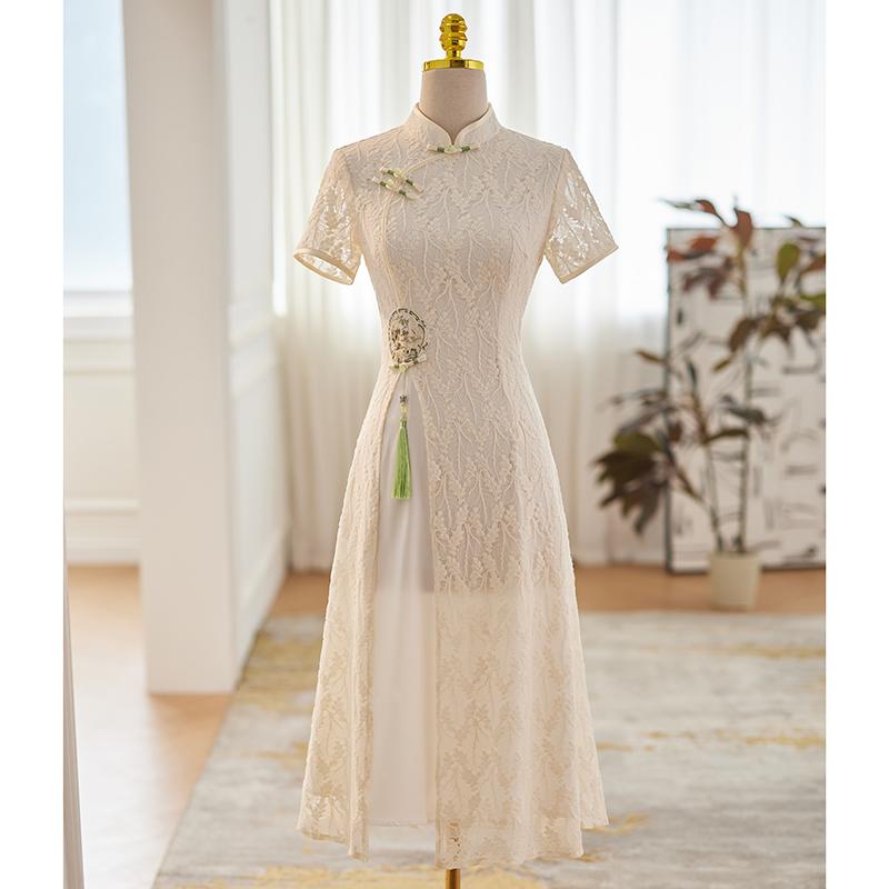 アオザイ チャイナドレス 夏 レディース ワンピース オードリー レース エレガント ホワイト ピンク