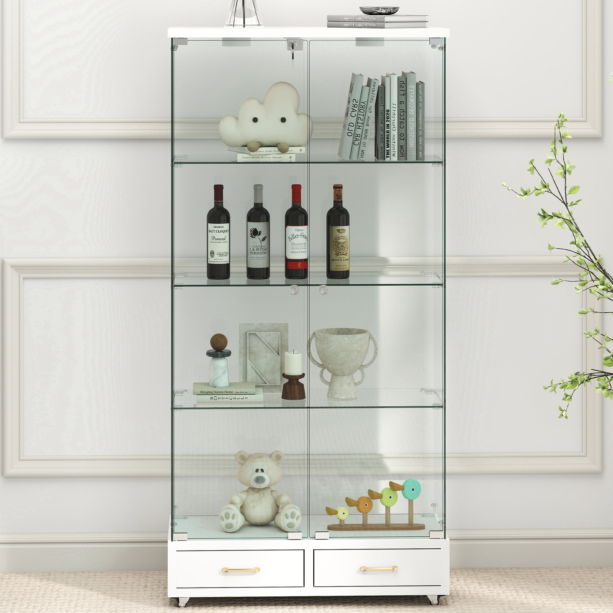 【国内発送&送·料·無·料】1429LED照明・引き出し付き ガラス収納キャビネットロック付き強化ガラス 4段 展示ケースリビング・寝室用 両開きドア ホワイト