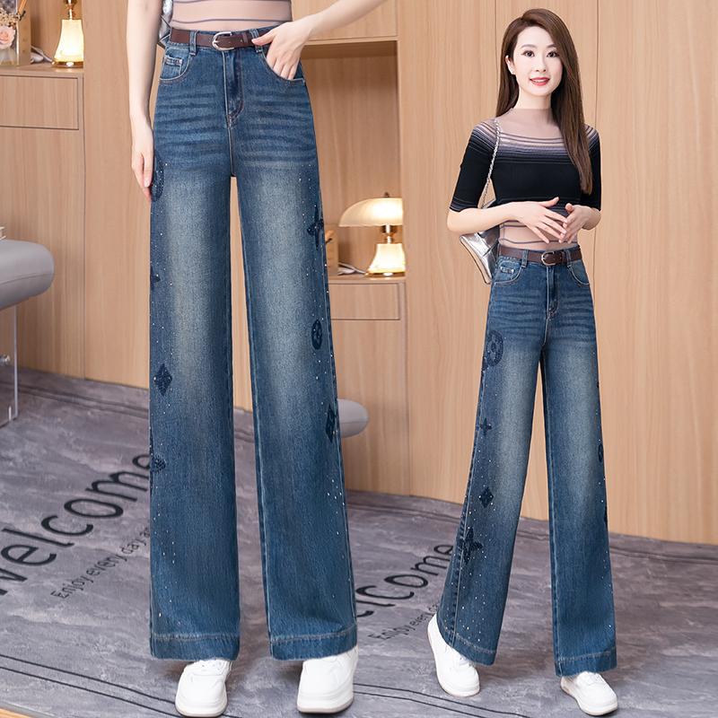 女狭版ワイドパンツロングパンツ春秋ファッション気品ジーンズ百合パンツ