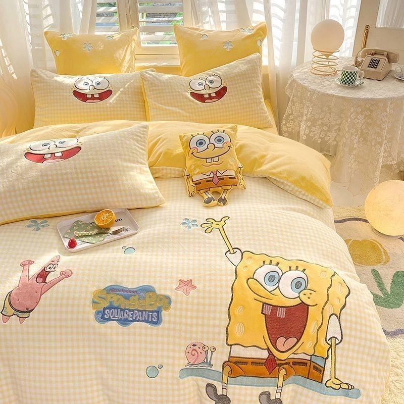 子供用スポンジボブミルクベッド4点セット漫画冬の厚いベルベットサンゴシーツ布団カバー3点セット