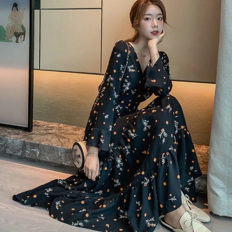 ワンピースマキシワンピースレディース春秋オシャレ長袖Vネックシフォン花柄ワンピースパーティー結婚式発表会演奏会きれいめ