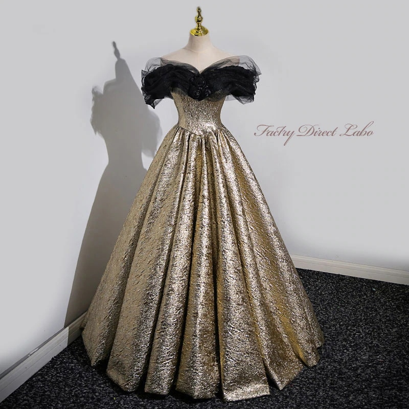 カラードレス ロングドレス パーティードレス ゴールド 黒 オフショルダー バラ コサージュ ショール オフショル ウェディングドレス ウエディングドレス 結婚式 二次会 花嫁 前撮り 演奏会 発表会