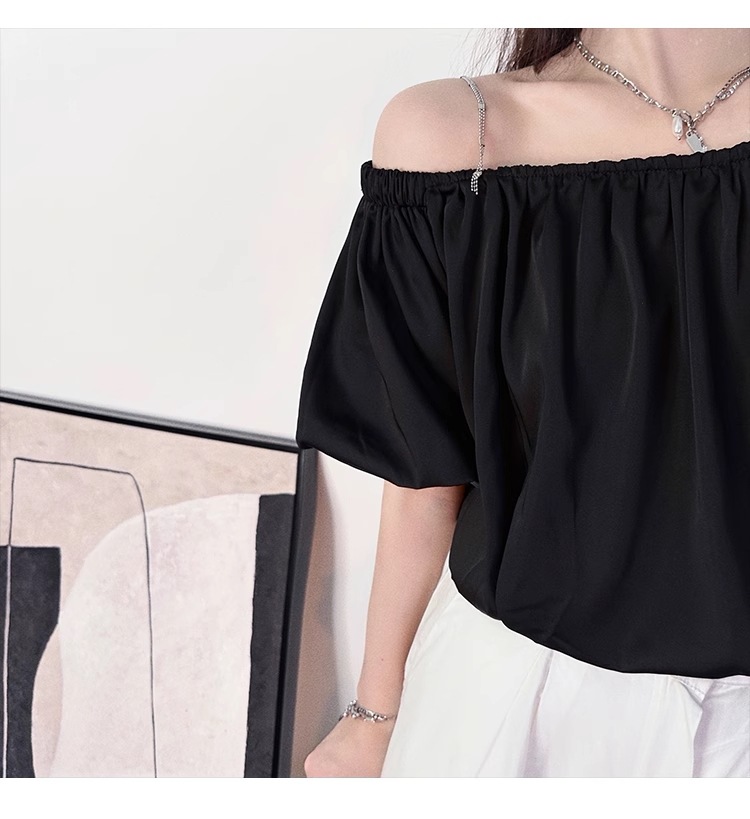 ワンショルダー トップス レディース シック 夏 ショート鎖骨 フレンチストラップ 半袖 オフショルダー Tシャツ パフスリーブ シャツ ブラック 個性的 トップス 袖あり 半袖 襟なし 大人可愛い