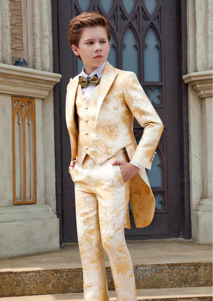新作入荷 上品 燕尾服 ピアノ 5点セット 上着＋シャツ+ベスト+ズボン＋蝶ネクタイ 花柄 七五三 入学式 卒園式 結婚式 子供スーツ カジュアル 出演 フォーマル セットアップ 男の子スーツ 発表会