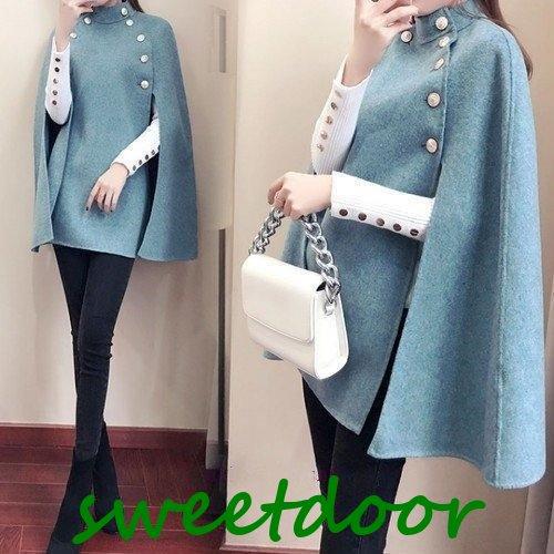 ポンチョ レディース ファッション 冬 上品 七五三 親 服装 母親 20代 30代 40代 50代 女性 秋 ケープ ボタン マント アウター 2色 ブルー ブラック