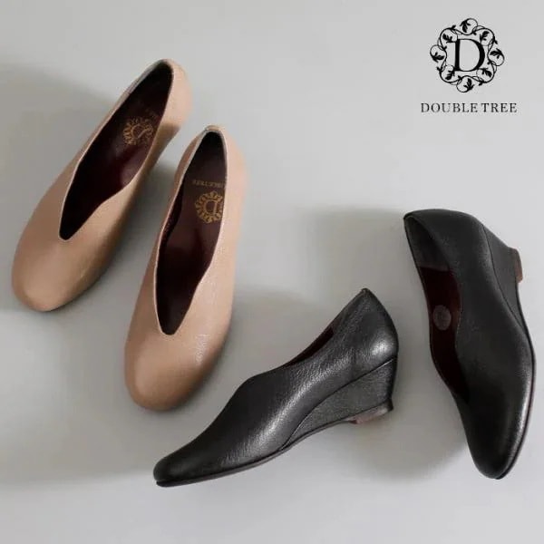 DOUBLE TREE ダブルツリー 4040 パンプス センタースリット Vカット ウエッジソール 本革 日本製 黒 ブラック ベージュ セール